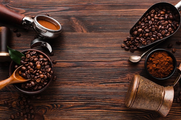 Top view coffee accessories on the table