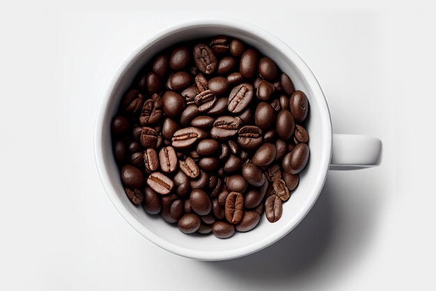 Top view coffee beans in a white cup on a white background. Food photography. With clipping path.