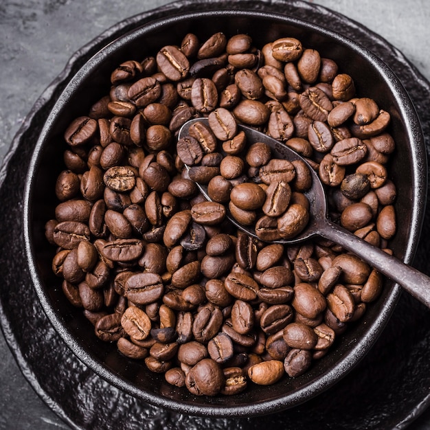 Top view coffee beans with spoon