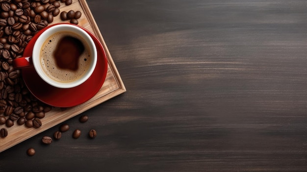 Top view Coffee cup and beans on old kitchen table Copyspace for your text Generative ai