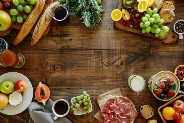 Foto vista dall'alto del succo di caffè, del pane di frutta e della carne sul tavolo