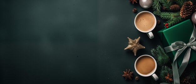 Foto vista superiore di rami e coni di caffè nobilis regali di natale con nastro su sfondo verde