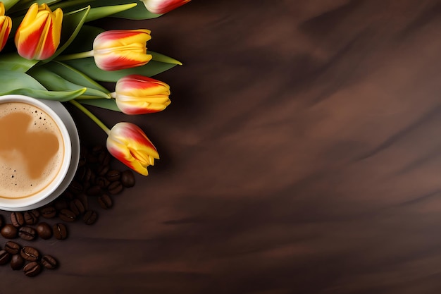 Top view of coffee and tulips with copy space