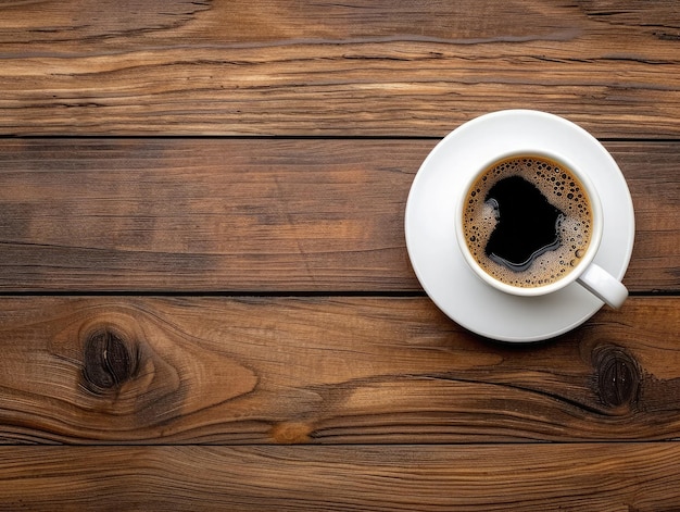 Top view Coffee with white cup on wood table