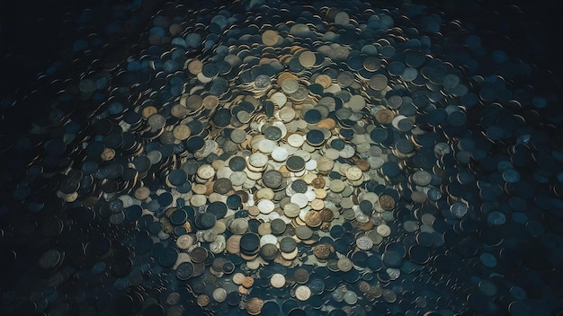 어두운 배경 에 있는 동전 들 의 위쪽 모습