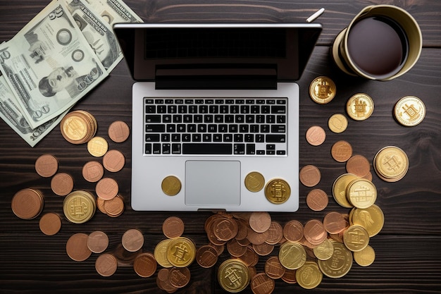 Photo top view of coins and paper money on a laptop