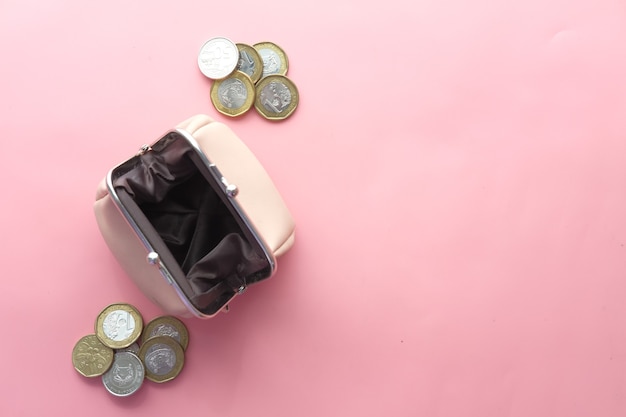 Top view of coins in a small leather bag