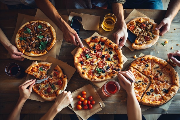 Photo top view of colleagues having pizza during an office meeting break