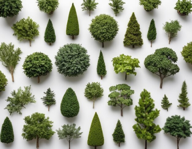 Foto top view collectie van verschillende bomen op witte achtergrond