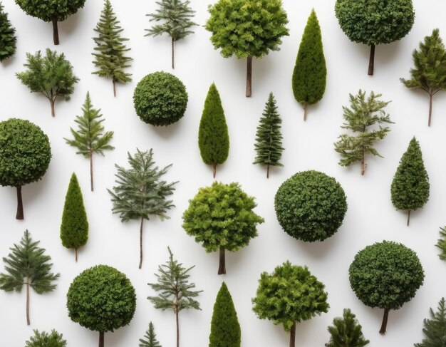 Foto top view collectie van verschillende bomen op witte achtergrond