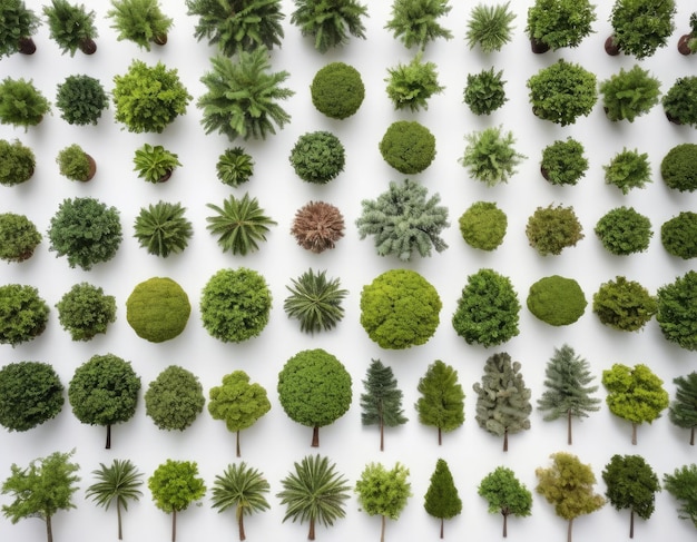 Foto top view collectie van verschillende bomen op witte achtergrond