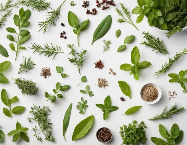 Photo top view collection of assorted herbs on a white background