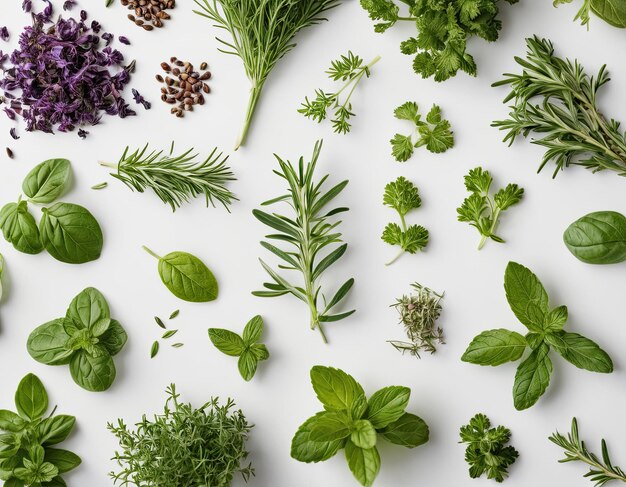 Top view collection of assorted herbs on a white background