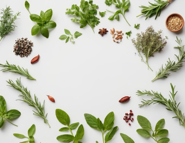 Top view collection of assorted herbs on a white background