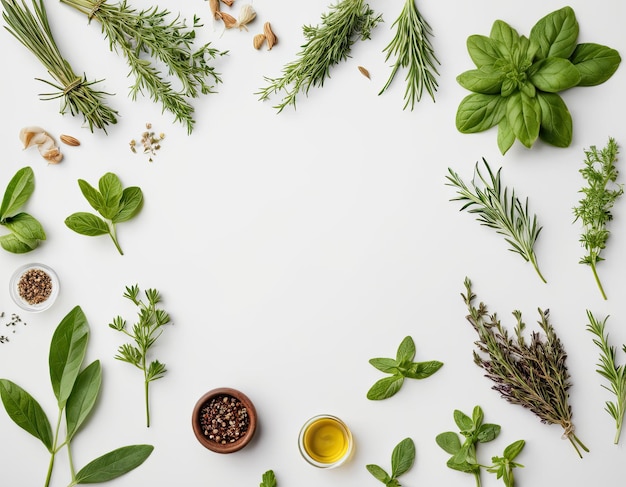 Photo top view collection of assorted herbs on a white background