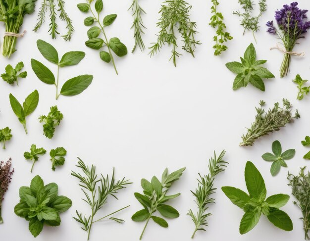 Top view collection of assorted herbs on a white background