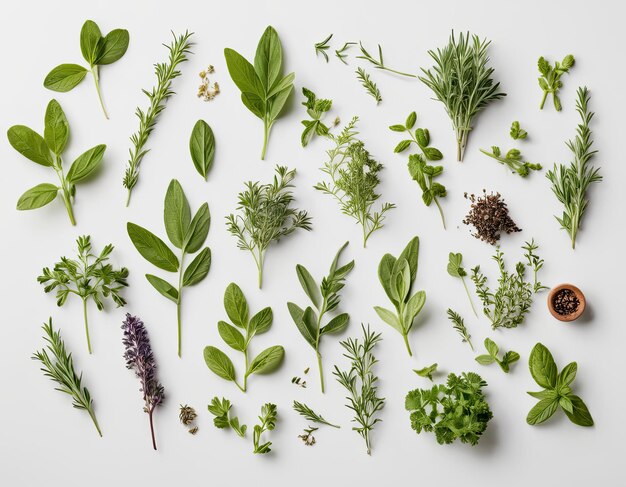 Photo top view collection of assorted herbs on a white background