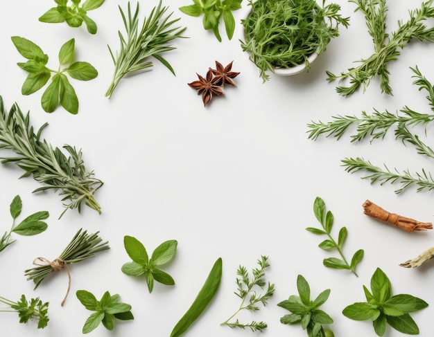 Top view collection of assorted herbs on a white background