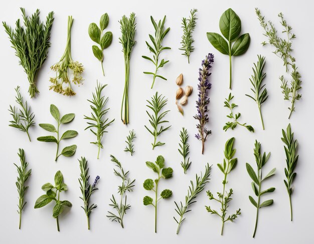 Photo top view collection of assorted herbs on a white background