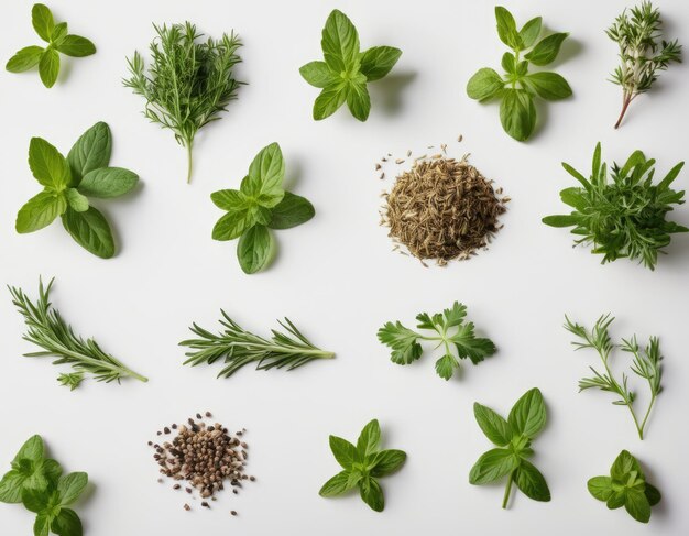 Photo top view collection of assorted herbs on a white background