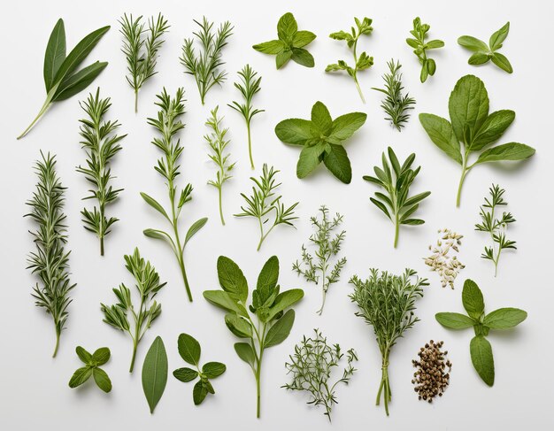 Top view collection of assorted herbs on a white background