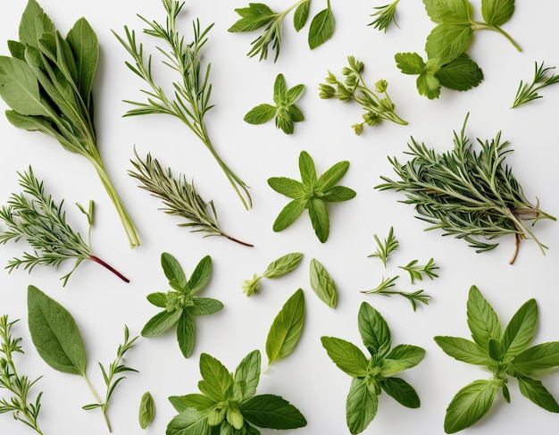 Top view collection of assorted herbs on a white background