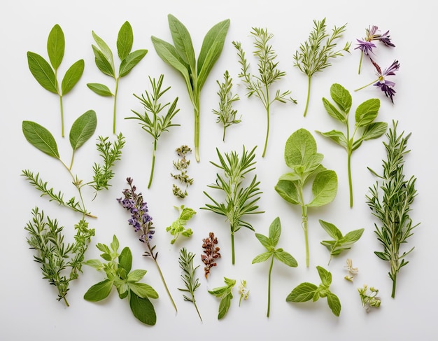 Top view collection of assorted herbs on a white background