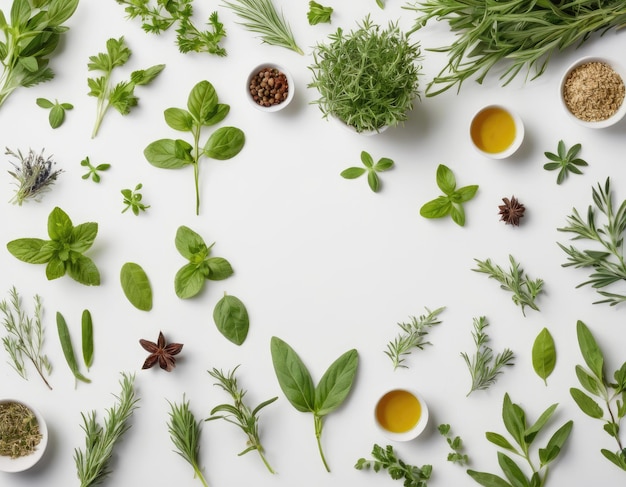 Top view collection of assorted herbs on a white background