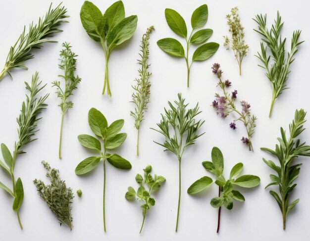 Top view collection of assorted herbs on a white background