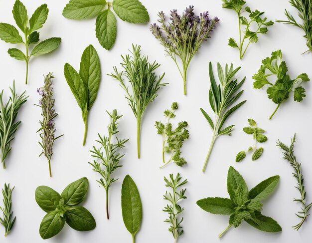 Photo top view collection of assorted herbs on a white background