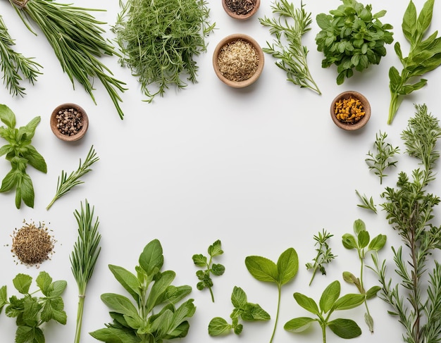 Photo top view collection of assorted herbs on a white background