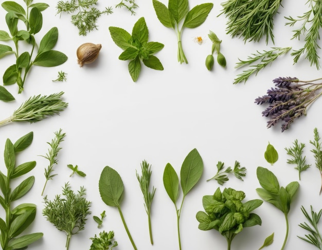 Photo top view collection of assorted herbs on a white background