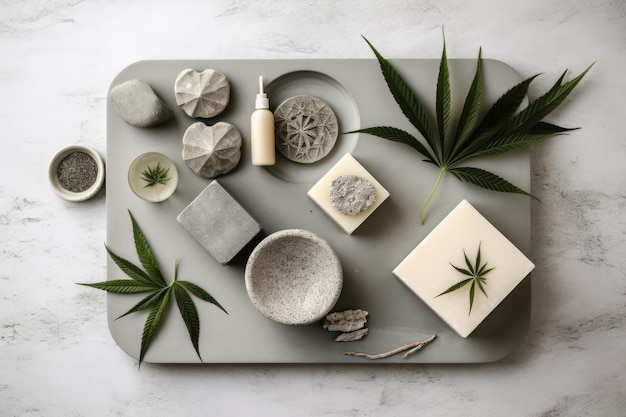 A top view of a collection of cannabis essentials arranged on a white stone table Ideal for promoting natural remedies from above white background Generative AI