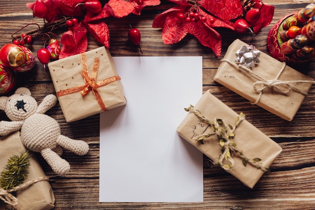 Photo top view collection of christmas presents wrapped up