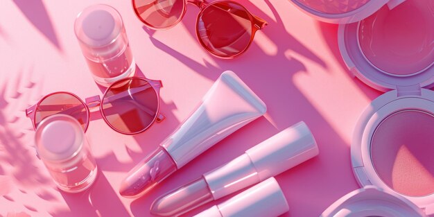 Foto top view collezione di cosmetici e occhiali da sole in stile rosa su sfondo rosa flat lay minimal