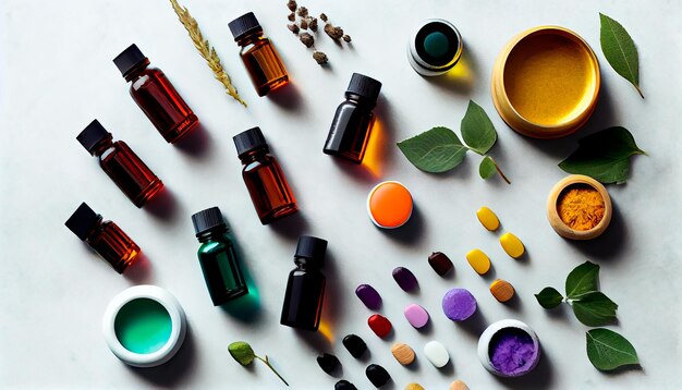 A top view of a collection of essential oils arranged on a white stone table Ideal for promoting aromatherapy and natural remedies Generative AI