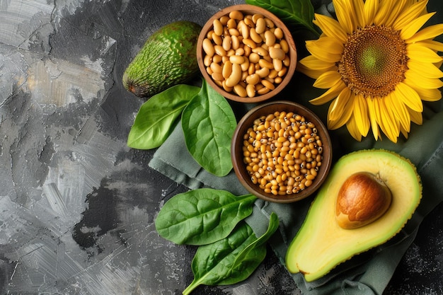 Photo top view collection of folic acid food sources containing avocado bean and sunflower