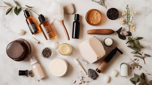 Photo a top view of a collection of organic skincare products arranged on a white stone table ideal for promoting natural and chemicalfree skincare generative ai