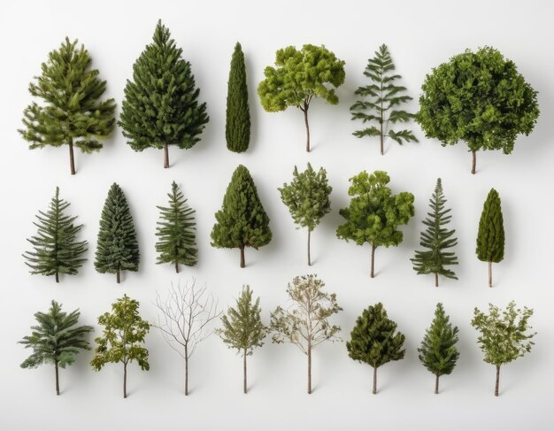 Top view collection of various trees on white background