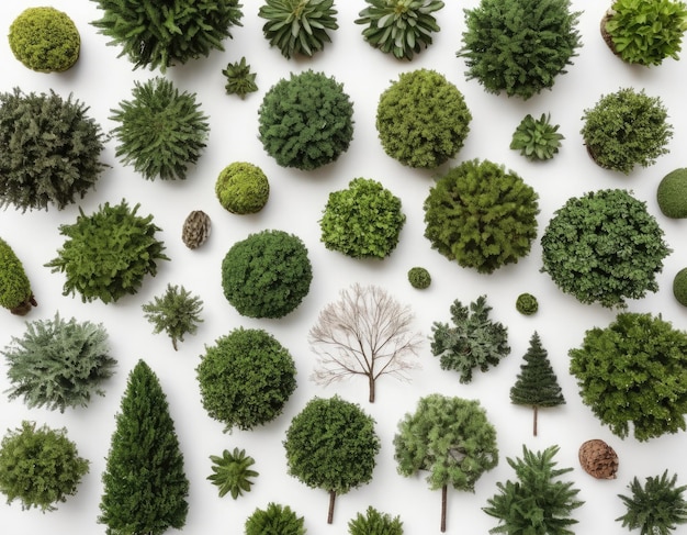 Top view collection of various trees on white background