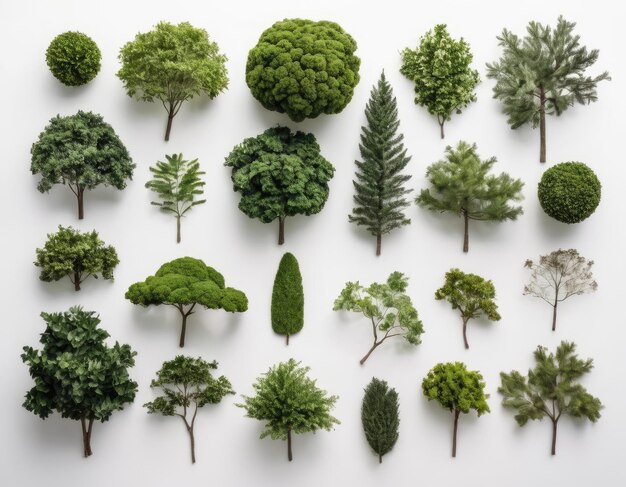 Top view collection of various trees on white background