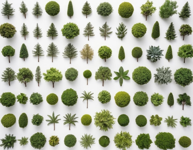 Top view collection of various trees on white background