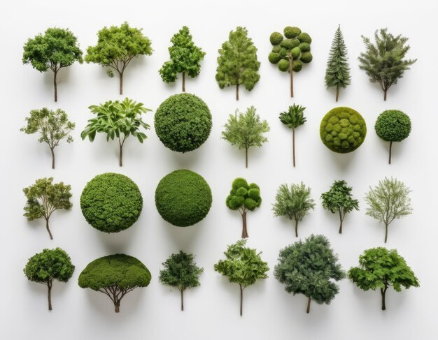 Top view collection of various trees on white background