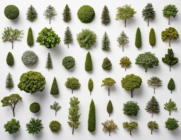 Photo top view collection of various trees on white background