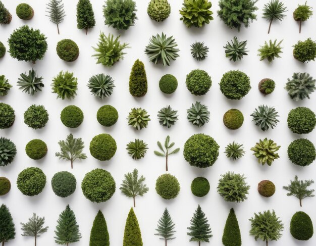 Top view collection of various trees on white background