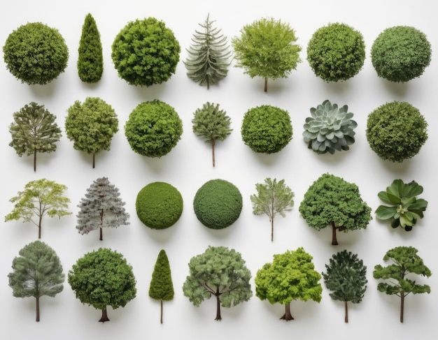 Top view collection of various trees on white background