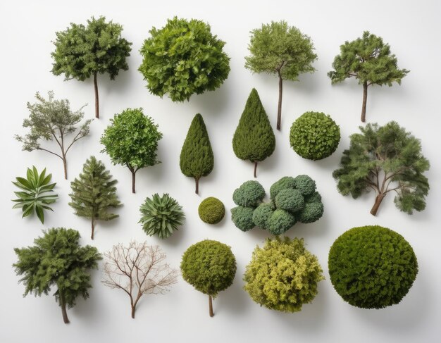 Top view collection of various trees on white background