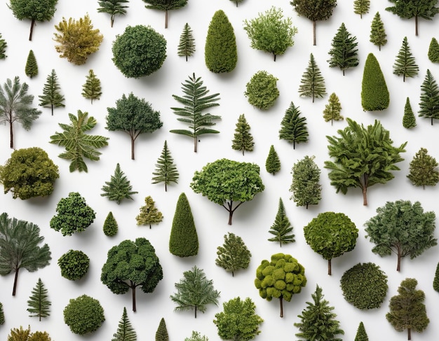 Top view collection of various trees on white background