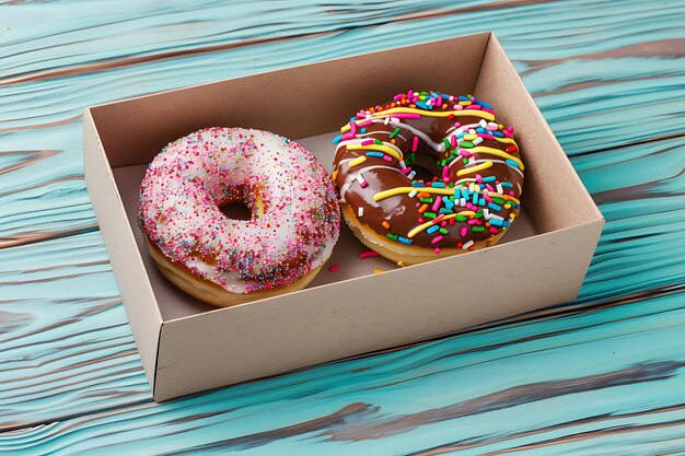 Top view of colored sweet donuts in a box on a turquoise surface