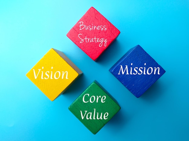 Photo top view colored wooden block with the word for business strategy core values vision and mission